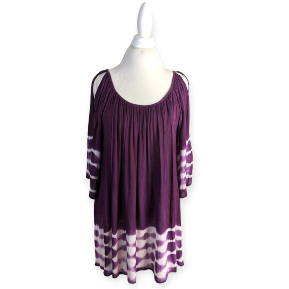 Soft Surroundings Deep Plum White Cold Shoulder Tie Dye Crinkle Top Size M - Picture 2 of 7